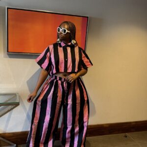 Pink and black cotton stripe pant set