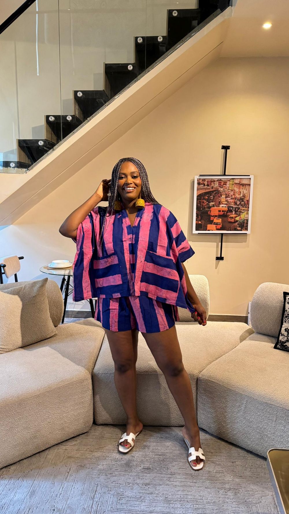 Purple and Blue Stripe Agbada Short Set