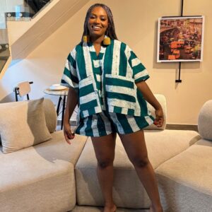 Green and White Stripe Agbada Short Set