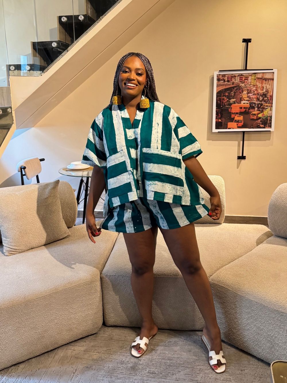 Green and White Stripe Agbada Short Set