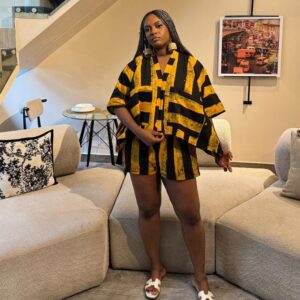 Yellow and Black Stripe Agbada Short Set