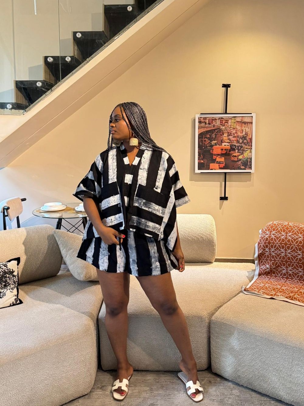 Black and White Stripe Agbada Short Set