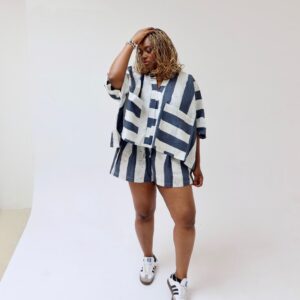 Blue and White Stripe Agbada Short Set