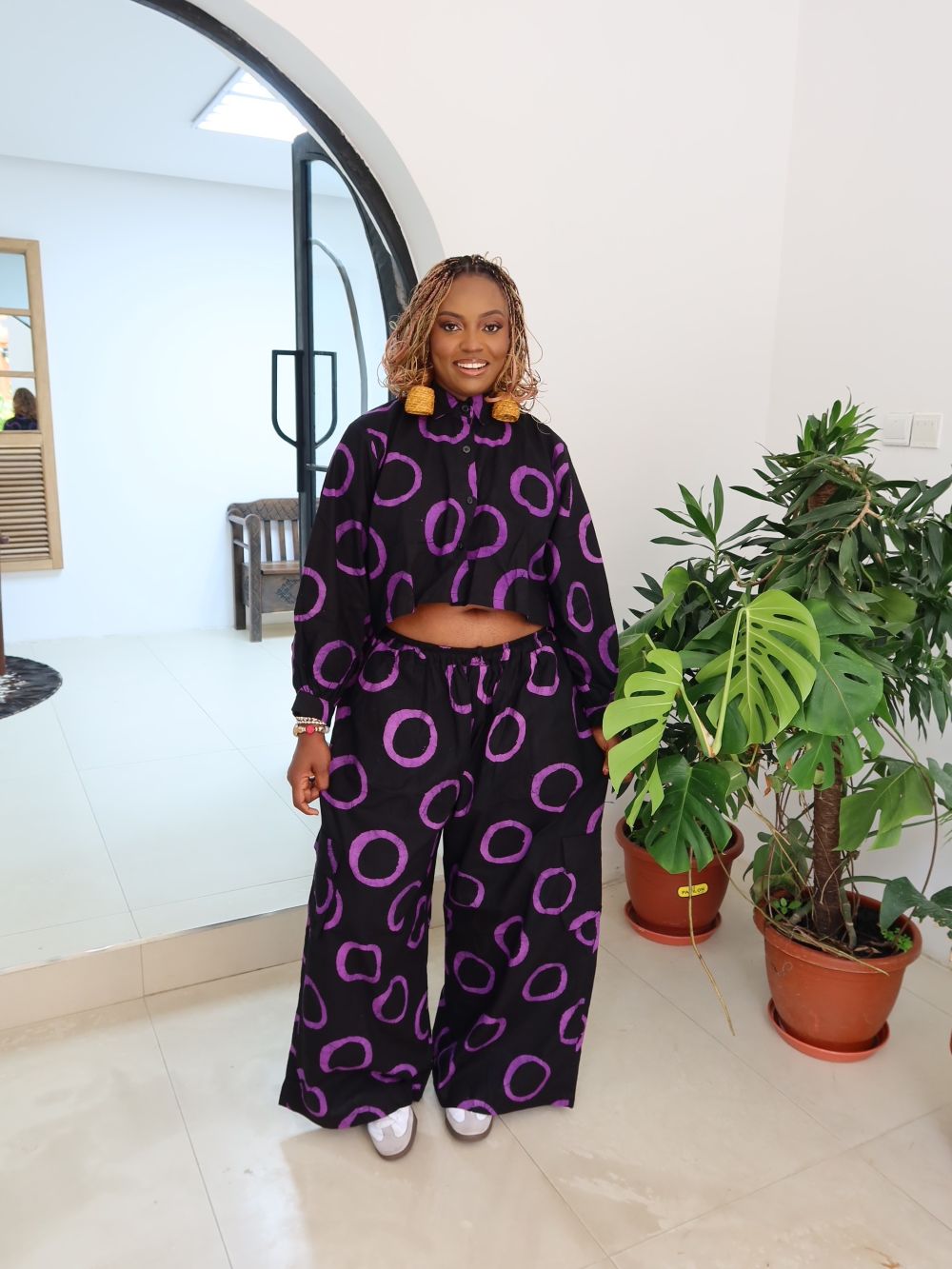 Purple and Black Crop Shirt Pant Set