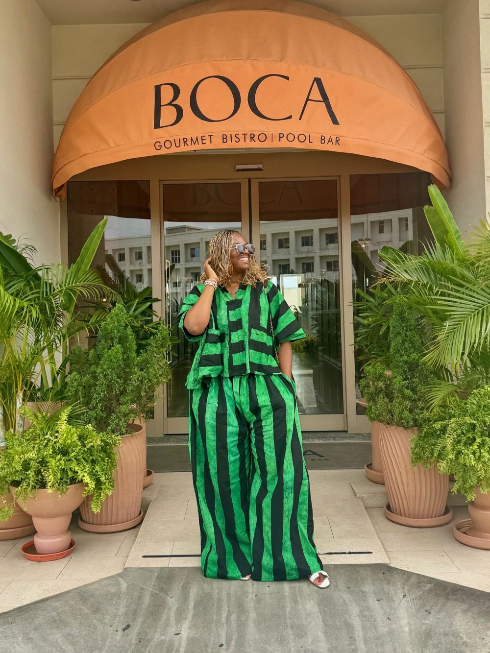 Green and Black Stripe Pant Set