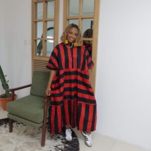 Red and Black Stripe Maxi 3/4 Dress