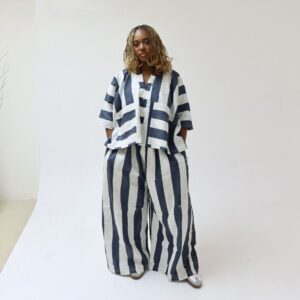 White and Ash Stripe Pant Set